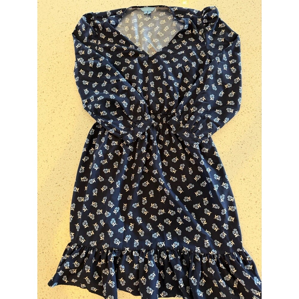 Draper James Navy Floral A-Line Dress Ruffle V-Neck Long Sleeve Short Pullover S